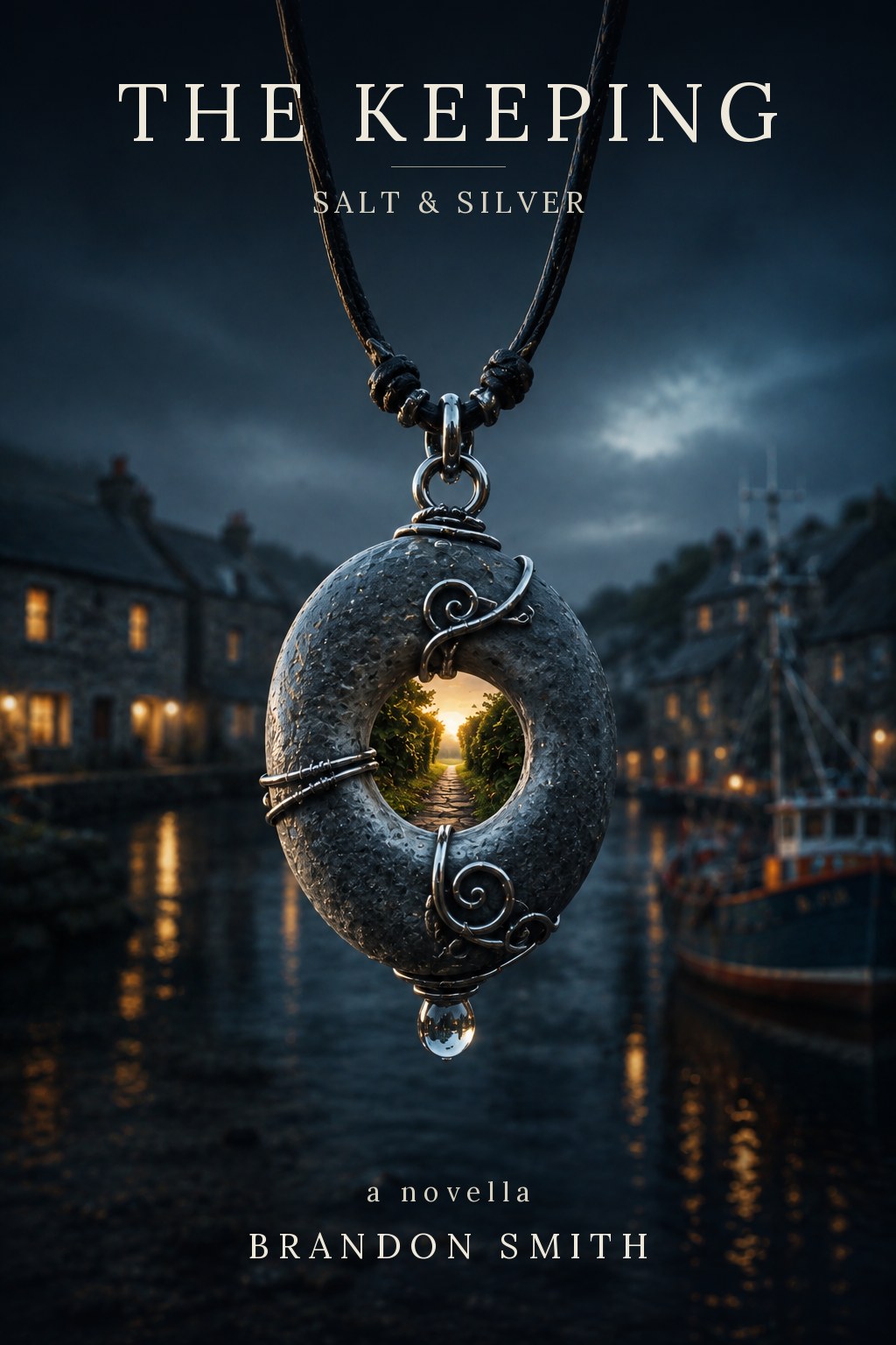 Cover art for The Keeping: Salt & Silver — a silver pendant holding a glimpse of a sunlit hedge-lined path, suspended over a darkened Cornish harbour village at night